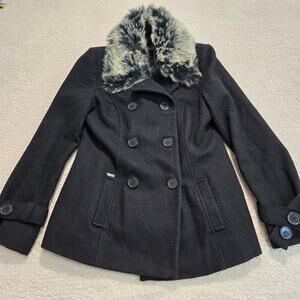 G by Guess Removable Fur Trimmed Pea Coat Size M Wool Blend Double Breasted